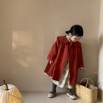 Зимни дрехи за малките момичета 2023 Есен, Нов Бутик на детски дрехи в Корейски стил с много отложным яка в стил ретро, Ежедневни Дълга мода