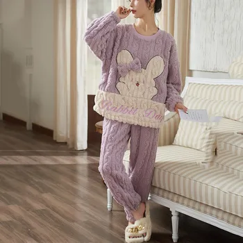 2023 Зимна топла пижама Дамски плътен Коралов руно, Мека Свободна Дълга пижама за сън, Комплект панталон, Ежедневни Домашно облекло от 2 теми, костюми