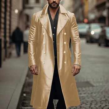 Златен дълъг кожен тренч голям размер, мъжки сребърни двубортные кожени палта за изпълнения на сцената, облекла за европейския и американския стил