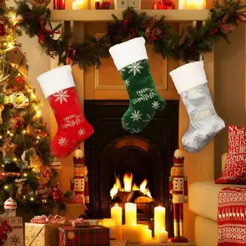 Чорапи за коледна украса, Коледни подаръци, Снежинки, коледни чорапи с азбука, поставка за закуски, чорапи за камината
